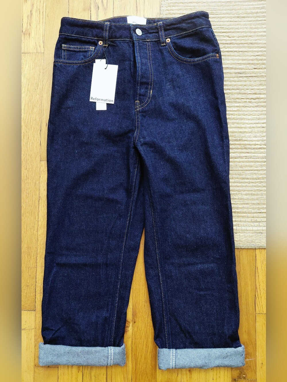 Reformation Women's Dark Indigo Cynthia High Rise Straight Relaxed Jeans